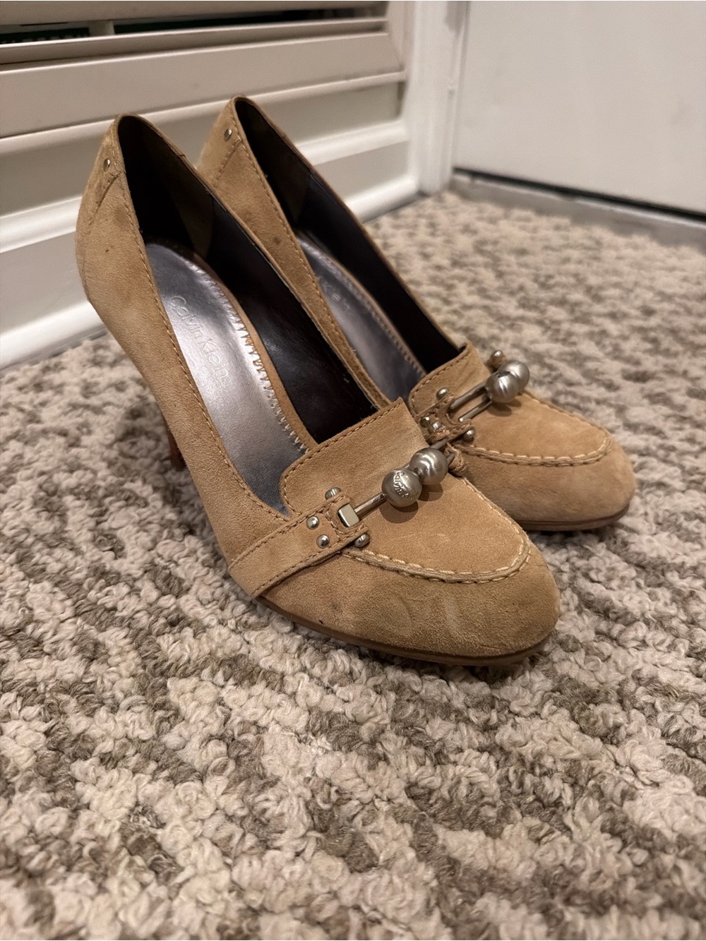 Calvin Klein Tan Suede Heeled Loafers with Silver Accents